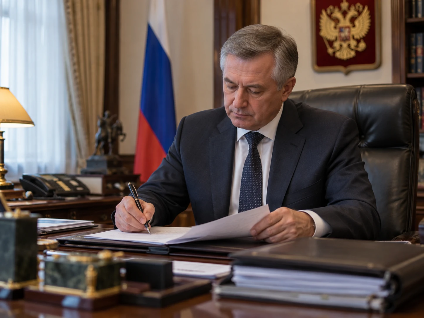 Подписание официального документа в рабочем кабинете