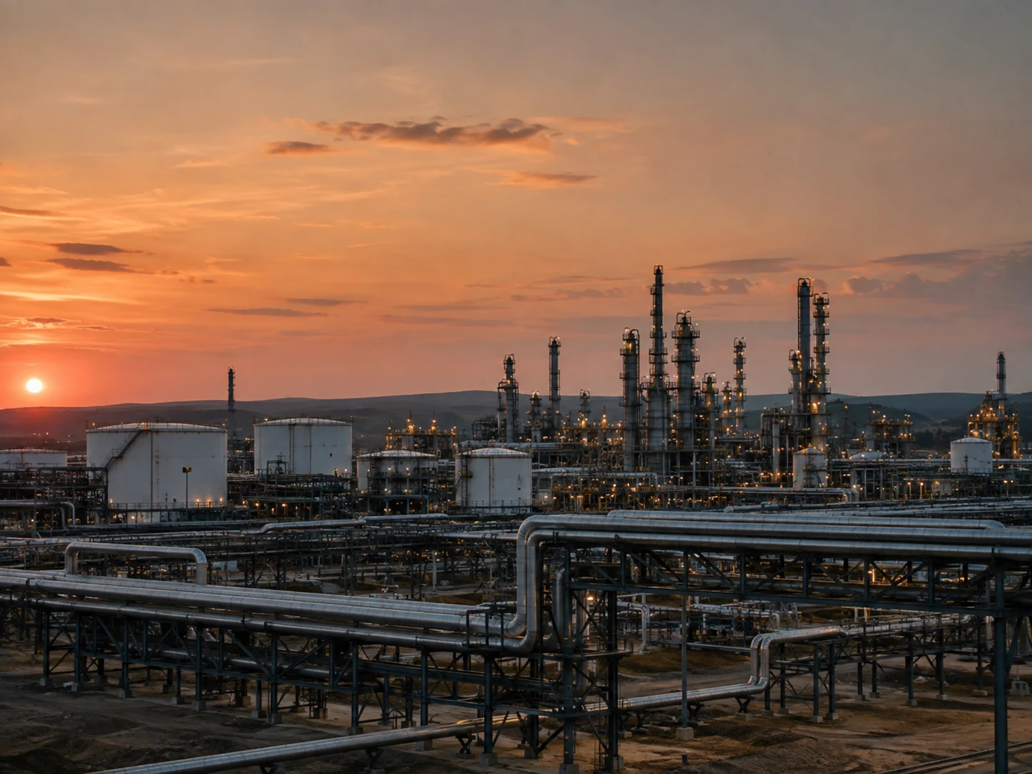 Промышленный нефтегазовый комплекс на закате